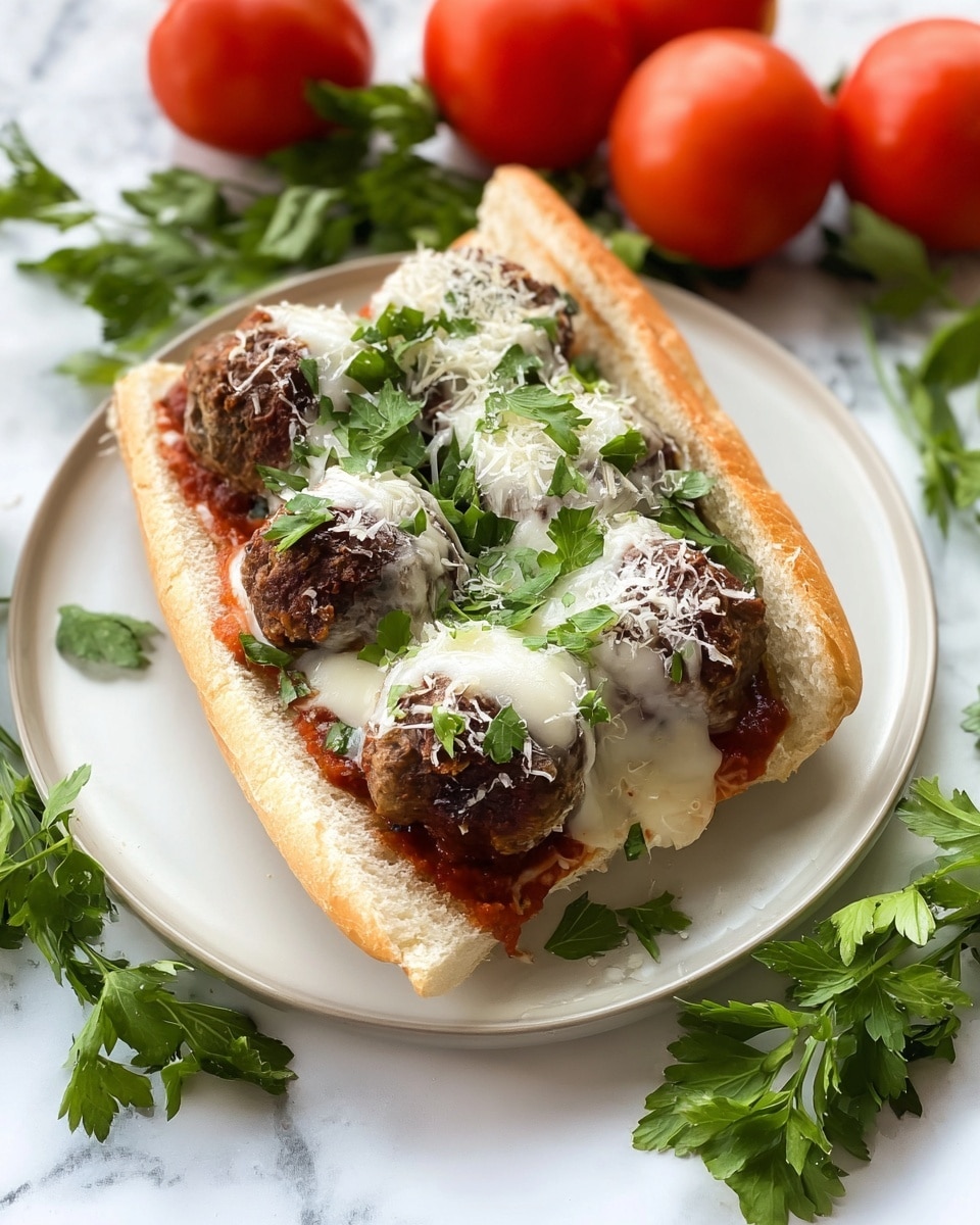 A white plate holds a meatball sub sandwich with four dark brown meatballs lined up inside a light golden brown, soft hoagie roll. The sandwich is layered with red tomato sauce at the bottom, topped with melted white cheese that covers the meatballs unevenly, and sprinkled with finely grated cheese. Fresh green parsley leaves are scattered on top of the cheese, adding a fresh touch. The plate is set on a white marbled surface, surrounded by whole red tomatoes and sprigs of green parsley. Photo taken with an iphone --ar 4:5 --v 7