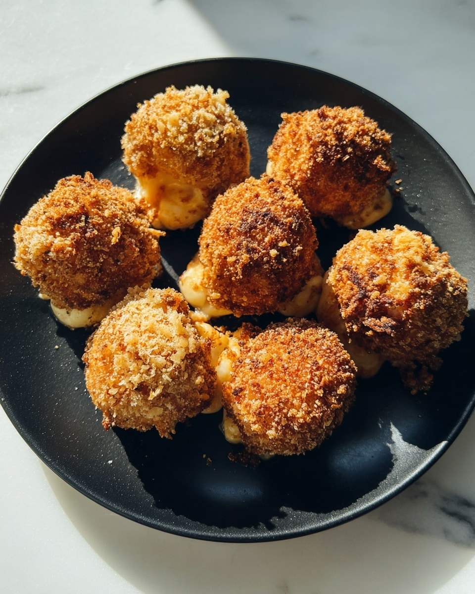 Six round, golden-brown crispy balls with a rough texture sit on a black plate. Each ball has a crunchy outer layer that looks crumbly and toasted, with some melted cheese oozing out from the sides, showing a creamy, light orange inside. The plate is placed on a white marbled surface, and warm natural light shines on the food, highlighting the crunchy texture and melted cheese. photo taken with an iphone --ar 4:5 --v 7