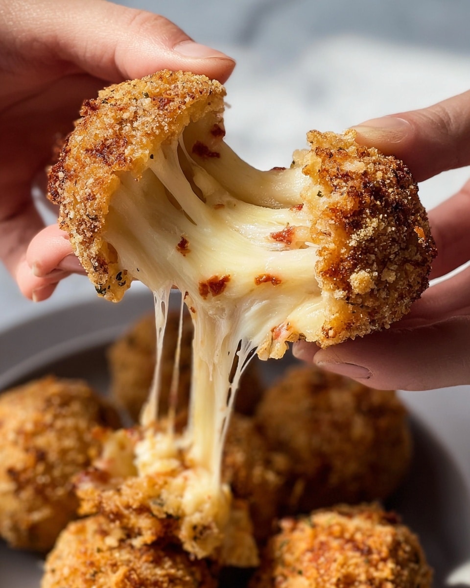 A pair of woman's hands pulling apart a crispy, golden-brown breaded ball revealing a stretchy, melted layer of pale creamy cheese with small bits of reddish seasoning inside, showing its gooey texture. The outer layer is rough and crumbly with a toasted appearance, while the inside glistens with melted cheese stretching in thin strands. In the blurred background, more breaded balls are placed on a white plate set on a white marbled texture. The lighting highlights the rich textures and colors of the food, making it look fresh and appetizing. photo taken with an iphone --ar 4:5 --v 7