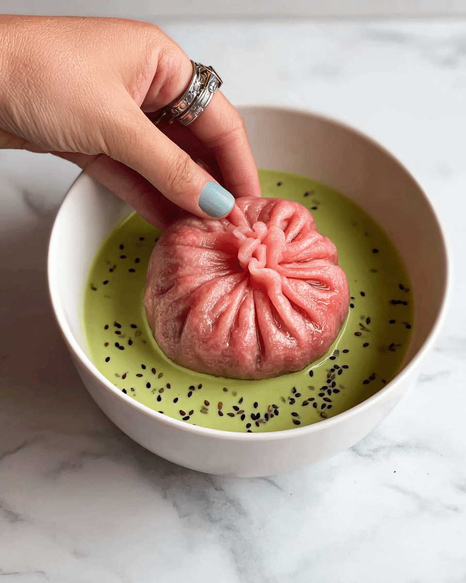 A close-up view of a round, folded dumpling with dough showing swirls of pink and white colors. The dumpling has many pleats gathered at the center on top, creating a flower-like pattern. It is held gently in a woman's hand with a silver ring on one finger, and the background consists of a blurred white marbled surface with a hint of green from a dish to the upper right corner. The dough texture looks soft with a slight dusting of flour visible photo taken with an iphone --ar 4:5 --v 7