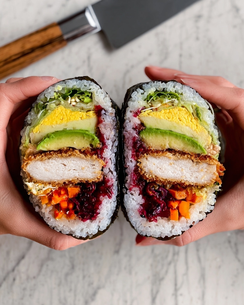 Two halves of a sushi sandwich are held by a woman's hands over a white marbled surface, with a large silver knife in the background. Each half shows layers starting from the outside, a dark seaweed wrap, then a thick layer of white rice enveloping a yellow omelette, bright green avocado slices, green lettuce, and a large piece of breaded chicken in the center. Beneath the chicken, there are small diced orange and deep red vegetables, creating a colorful contrast to the white rice. The texture of the rice looks soft and sticky, while the chicken appears crispy. photo taken with an iphone --ar 4:5 --v 7