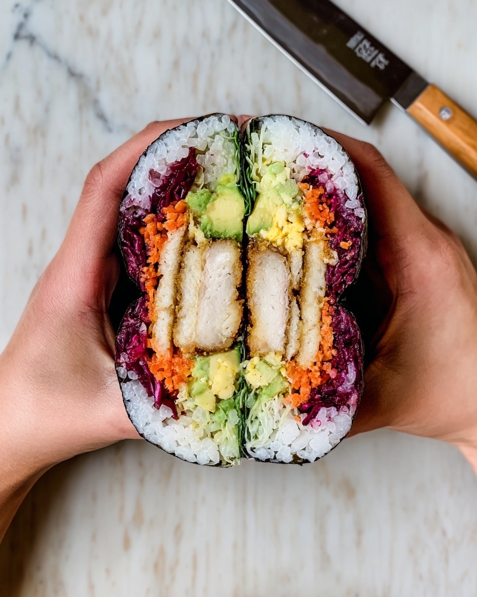 This image shows a cut sushi burrito held by two woman's hands, revealing multiple colorful layers inside a seaweed wrap. The outer layer is a thin dark seaweed sheet surrounding a thick layer of white sushi rice. Inside, there is a layer of finely chopped orange and purple vegetables at the bottom, followed by a thick piece of light brown fried chicken in the center. Above the chicken are green avocado slices and yellow scrambled egg, with some pale green cabbage near the rice. The whole image is set on a white marbled surface with a knife visible in the background. photo taken with an iphone --ar 4:5 --v 7