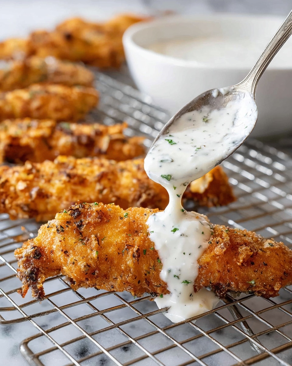 The image shows four crispy fried chicken tenders placed on a metal cooling rack over a white marbled surface. Each tender is golden brown with a crunchy texture and slightly charred edges. A silver spoon filled with a thick, white creamy sauce with tiny green herb specks is pouring the sauce over the chicken tender in the foreground. In the background, there is a white bowl, slightly out of focus, likely holding more of the same sauce. The sauce creates a smooth contrast on the crunchy chicken as it drips down the sides. photo taken with an iphone --ar 4:5 --v 7