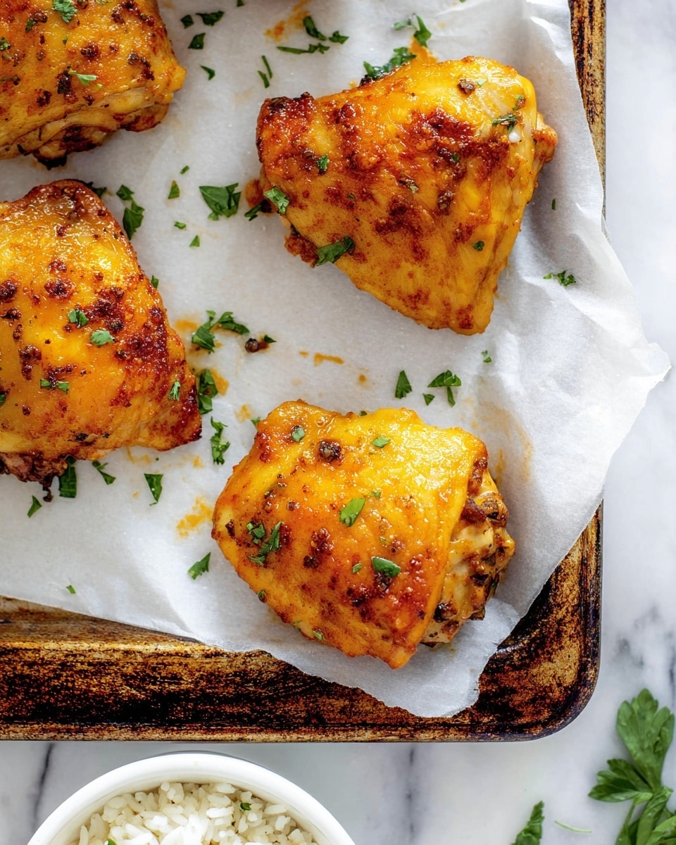 The image shows four cooked chicken thighs placed on white parchment paper over a baking tray. Each chicken thigh has a golden-orange, slightly crispy skin with some darker browned spots, showing they are well-roasted. Small green parsley bits are sprinkled on top of the chicken and around the tray, adding a fresh touch. The baking tray has a rustic metal edge with some dark spots from use. In the lower left corner, there is a white bowl filled with fluffy white rice. The whole scene is set on a white marbled surface. photo taken with an iphone --ar 4:5 --v 7