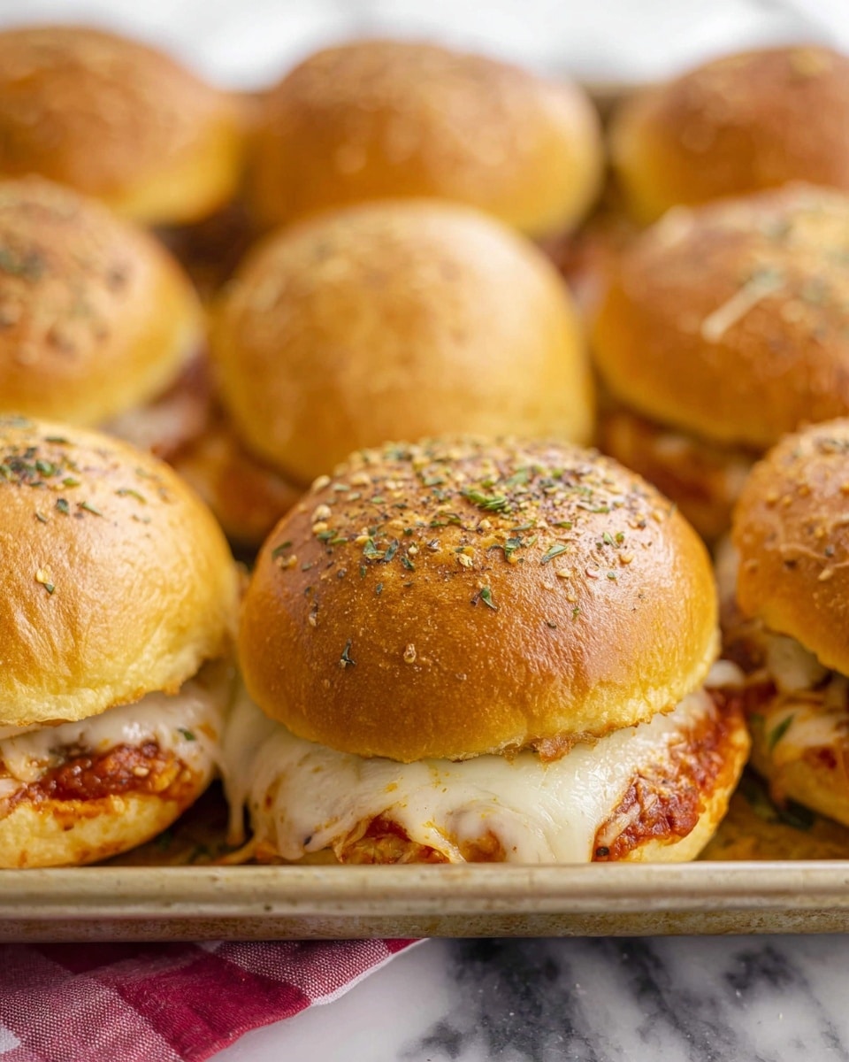 The image shows several small sandwiches placed closely together on a baking tray. Each sandwich has a golden brown top bun sprinkled with herbs and a slightly shiny, textured surface. Beneath the bun, there is a layer of melted white cheese that looks soft and stringy, covering a red tomato sauce layer visible around the edges. The buns are round and fluffy with a warm, inviting color. The tray sits on a white marbled surface with a red and white checkered cloth partially visible at the bottom. photo taken with an iphone --ar 4:5 --v 7
