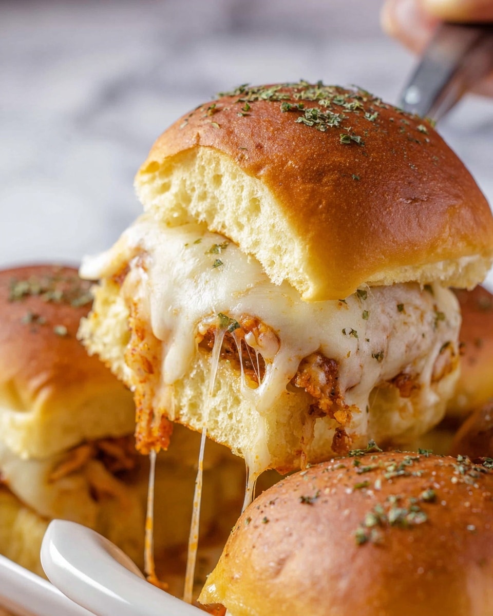 A close-up of a slider being lifted, showing three layers: a lightly browned top bun sprinkled with green herbs, melted stretchy cheese layered underneath with a creamy texture, and a bottom bun slightly visible beneath the cheese. The buns have a soft, shiny surface with a slight golden crust. The cheese is stringy and gooey, stretching down as the slider is lifted. The background is a white marbled texture with a blurred glimpse of a woman's hand holding the slider and a white dish nearby. photo taken with an iphone --ar 4:5 --v 7