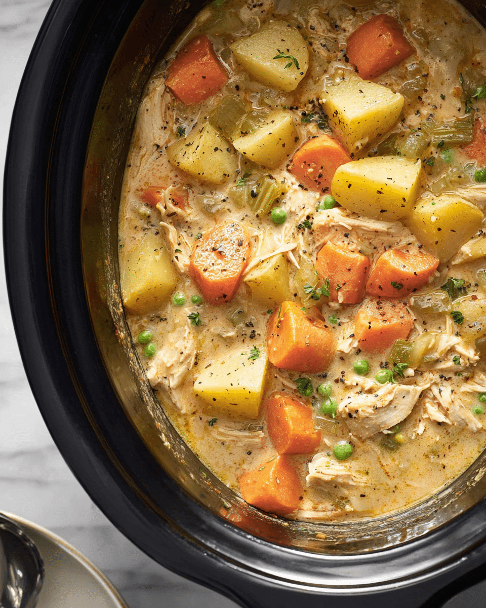 A close-up view of a creamy chicken stew in a black slow cooker, showing layers of chunky orange carrot slices, yellow potato pieces, small green peas, and celery chunks mixed with tender pieces of shredded chicken in a thick, light brown broth speckled with herbs and black pepper. The slow cooker rim frames the stew, and part of a spoon and a white plate are visible at the bottom on a white marbled surface. Photo taken with an iphone --ar 4:5 --v 7