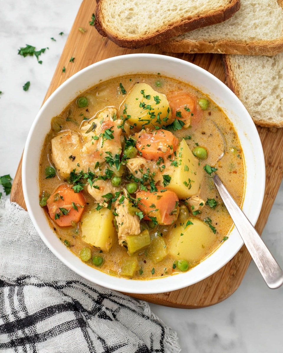 A white bowl filled with thick chicken stew sits on a wooden board atop a white marbled surface. The stew has chunky layers of light brown creamy broth, large pieces of yellow potato, orange carrot slices, light green celery, green peas, and white chicken meat, all topped with chopped dark green parsley. A silver spoon rests inside the bowl on the right side. Two slices of white bread are placed above the bowl, partially visible. A white cloth with a black checkered pattern and a gray cloth are near the bottom edge of the image. Photo taken with an iphone --ar 4:5 --v 7