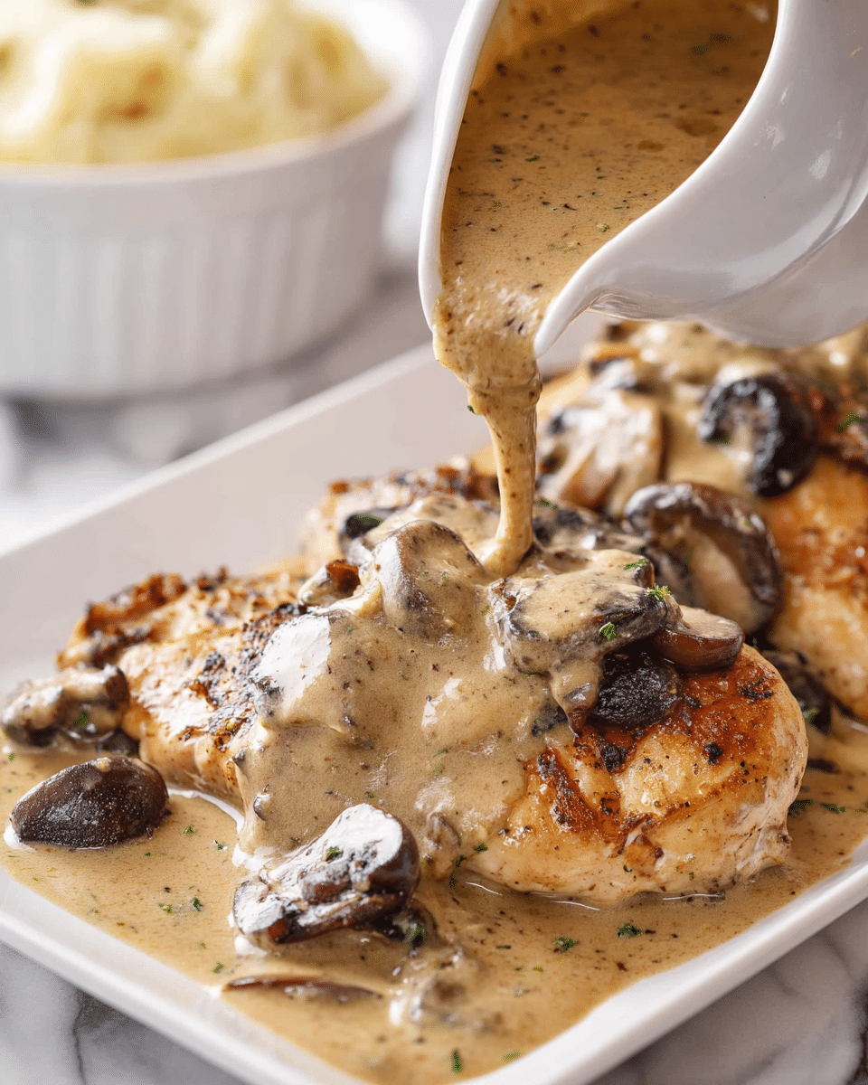 The image shows a white plate with three main layers of food. At the bottom, there is a golden-brown chicken breast covered with a creamy mushroom sauce that is light tan in color and has visible mushroom slices on top. Next to the chicken, on the right, there is a fluffy white mashed potato portion with some of the same sauce partially covering it. Behind the chicken and mashed potatoes, there is a pile of cooked green beans, long and green with a slightly wrinkled texture. The plate is placed on a white marbled surface, and in the background, there is a white bowl with more green beans blurred out. Photo taken with an iphone --ar 4:5 --v 7