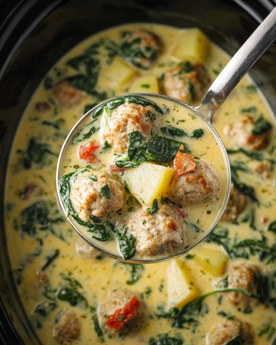 This image shows a ladle full of creamy soup taken above a slow cooker. The soup has several light brown meatballs with green spinach scattered all around, mixed in a yellow creamy broth. There are small pieces of bright orange tomato and chunks of pale yellow potatoes in the soup. The ladle is metal with a shiny smooth surface. The background shows the soup inside the black slow cooker, and the overall color scheme is yellow, green, orange, and brown with a soft texture. Photo taken with an iphone --ar 4:5 --v 7