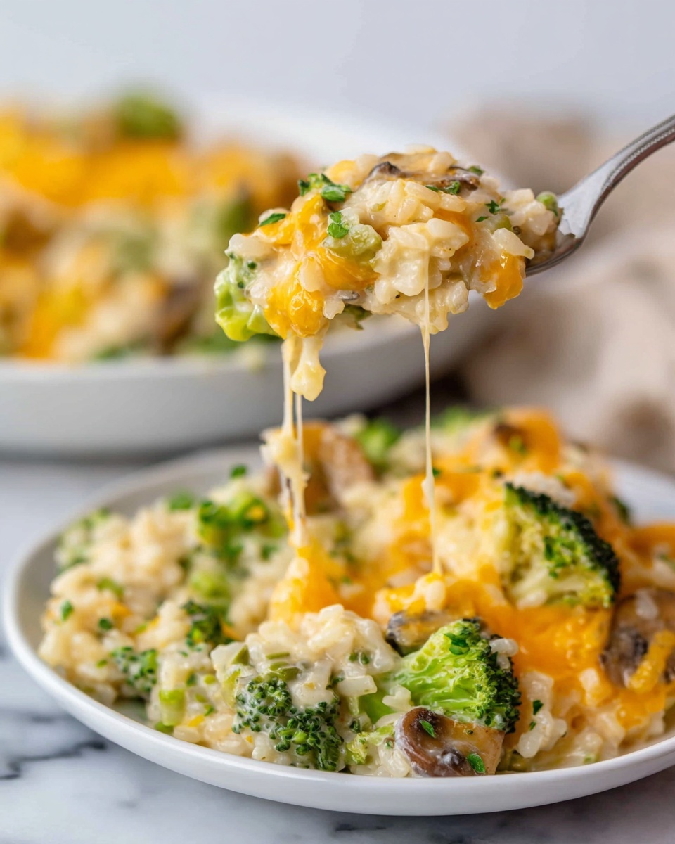 A white plate holds a mixed dish with three main layers: the bottom layer consists of white rice scattered unevenly, topped by a layer of green broccoli florets and small pieces of browned chicken, and finished with melted bright orange cheese spread unevenly on top, creating a creamy texture. The dish looks hearty and colorful with small flecks of black pepper. A silver fork rests on the right edge of the plate. The scene is set on a white marbled surface with sprigs of fresh green parsley and a pale blue cloth nearby, adding a fresh and clean look. Photo taken with an iphone --ar 4:5 --v 7