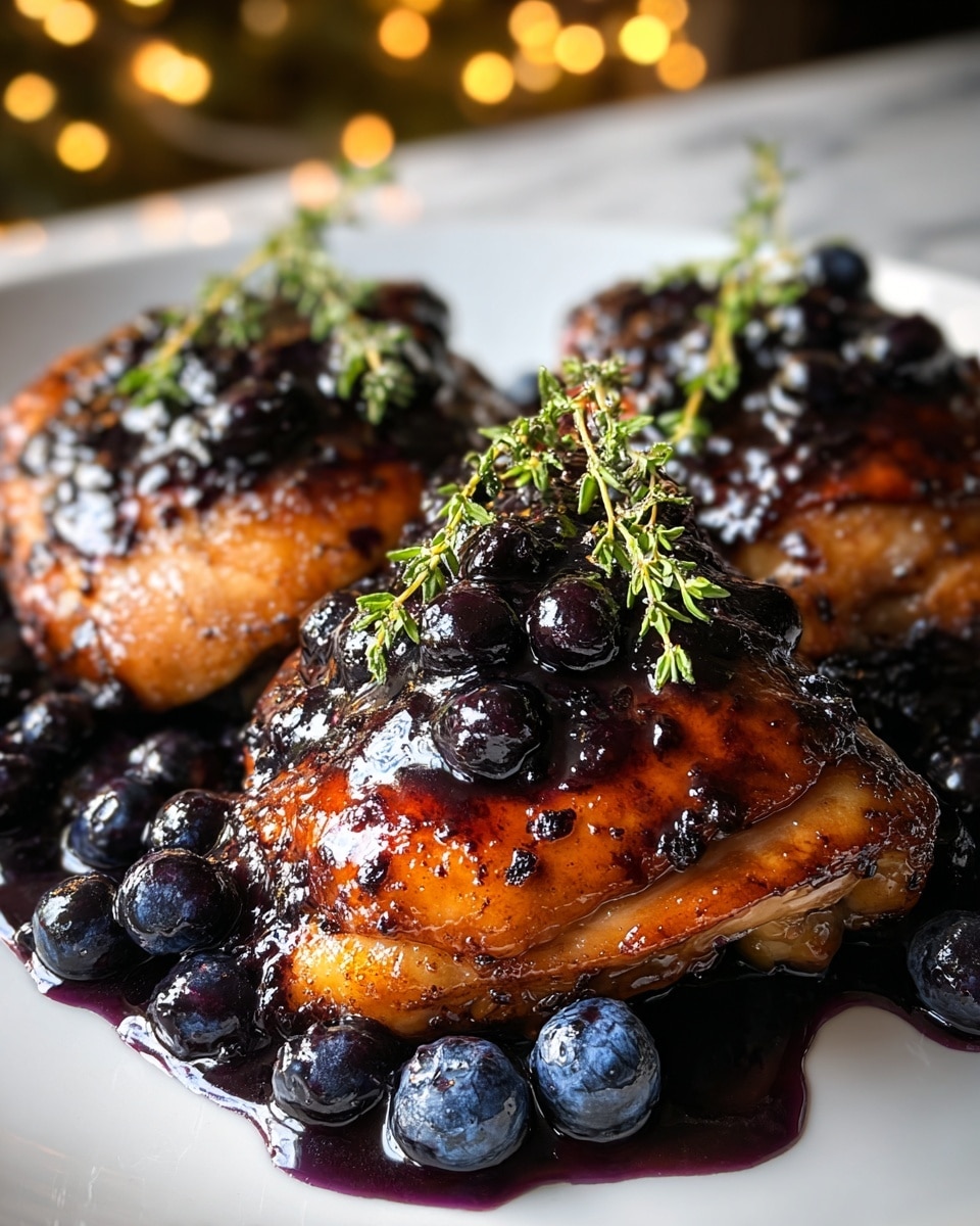 A close-up of four browned grilled chicken breasts laid on a white plate with a white marbled texture under it; each chicken breast is coated with a shiny dark purple blueberry glaze and topped with fresh, plump blueberries. On top of the chicken breasts, there are three sprigs of green thyme leaves. The sauce pools around the base of the chicken, creating a glossy dark swirl contrast with the warm golden-brown chicken skin. Photo taken with an iphone --ar 4:5 --v 7