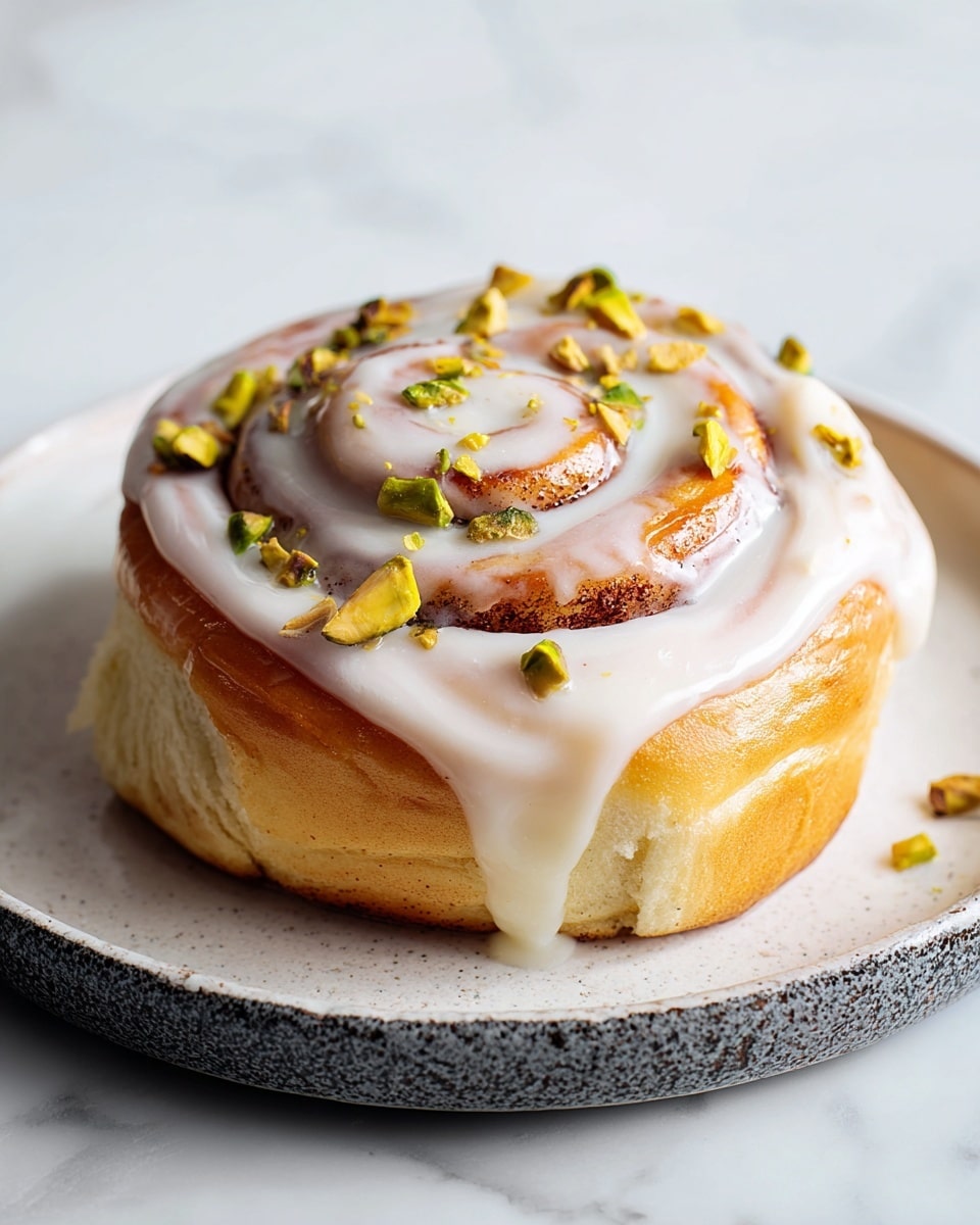 The image shows a close-up of four cinnamon rolls in a white baking dish. Each bun has a thick layer of white cream cheese frosting dripping down the sides. The rolls have a golden-brown, soft, and fluffy texture with a visible spiral of dark cinnamon filling in the middle layer. On top, the rolls are sprinkled with chopped pistachios and almonds, adding a green and brown crunchy texture to the creamy frosting. One roll has a piece cut out, showing the soft inside dough with a cinnamon layer near the bottom. The dish sits on a white marbled surface. photo taken with an iphone --ar 4:5 --v 7