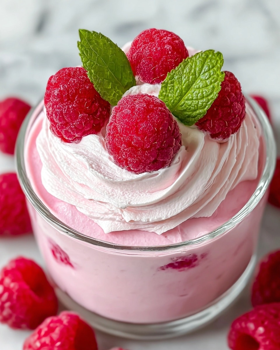 A clear glass cup filled with three visible layers: the bottom layer is a smooth pink raspberry mousse with a few raspberries embedded inside; the middle layer is a thick swirl of light pink whipped cream covering the top; the topmost layer is decorated with seven bright red fresh raspberries arranged in a circle around two fresh green mint leaves in the center, all placed on a white marbled surface. photo taken with an iphone --ar 4:5 --v 7
