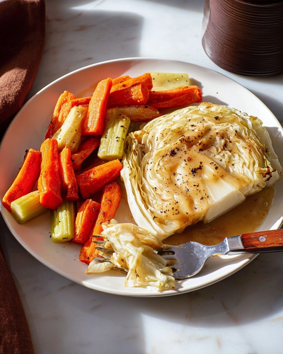 A white plate holds two main layers: a thick slice of cooked white cabbage with soft, overlapping leaves covered in a light brown gravy with black pepper flakes on top, placed slightly off-center. Surrounding the cabbage are roasted carrot chunks colored bright orange and celery pieces with a pale green hue, all showing a slight char and glistening texture. At the front edge of the plate rests a metal fork with a wooden handle, its prongs partially touching the cabbage. The scene is set on a white marbled surface with soft natural light casting shadows, and a dark brown container is partially visible on the right side. photo taken with an iphone --ar 4:5 --v 7