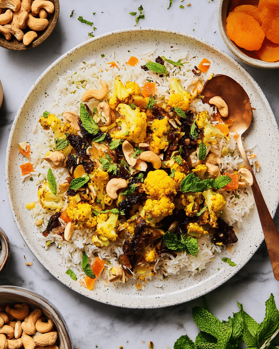 A white speckled plate filled with a layered dish starting with a base of white and light yellow rice mixed evenly, topped with chunks of yellow curried cauliflower and carrots, dark caramelized onions spread over, and sprinkled with broken cashew nuts and bright green mint leaves. Small pieces of orange dried fruit are scattered throughout adding pops of color. A copper spoon rests on the right side of the plate with some rice and vegetables around it. The background features a white marbled surface with bowls of cashews, dried apricots, and fresh mint, along with stray mint leaves and cardamom pods nearby. photo taken with an iphone --ar 4:5 --v 7