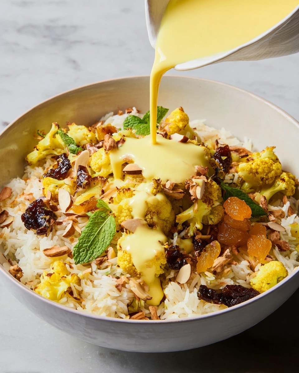 A white bowl filled with fluffy white rice forms the base, mixed with chunks of golden-yellow curried cauliflower and small pieces of orange dried apricot. Scattered on top are shiny, dark caramelized onions and crunchy chopped nuts, along with fresh green mint leaves adding color. A thick, creamy sauce of bright yellow is being poured from a jug over the dish, creating a glossy layer that blends with the rice and vegetables. The bowl sits on a white marbled surface. Photo taken with an iphone --ar 4:5 --v 7