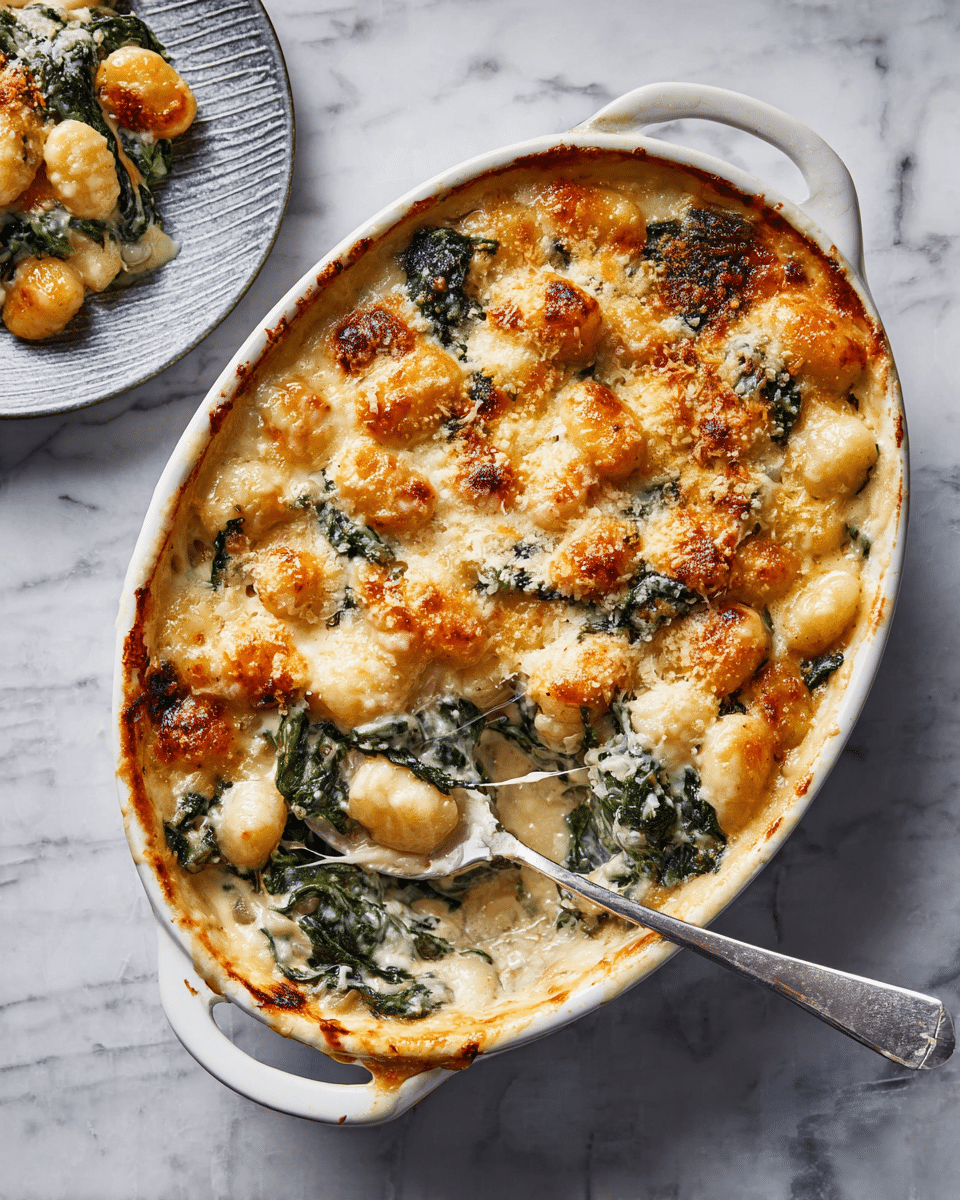 A white oval baking dish filled with a creamy baked gnocchi and spinach casserole, showing a golden brown, bubbly cheese crust on top with some browned spots; underneath the cheese, soft, plump gnocchi pieces are mixed with vibrant dark green spinach leaves, all coated in a rich, smooth white sauce; a metal spoon rests inside the dish, scooping out a portion to reveal the gooey and melted cheese stretching slightly; the dish is placed on a white marbled surface with a partial view of a plate with a serving of the casserole on the top left side. photo taken with an iphone --ar 4:5 --v 7