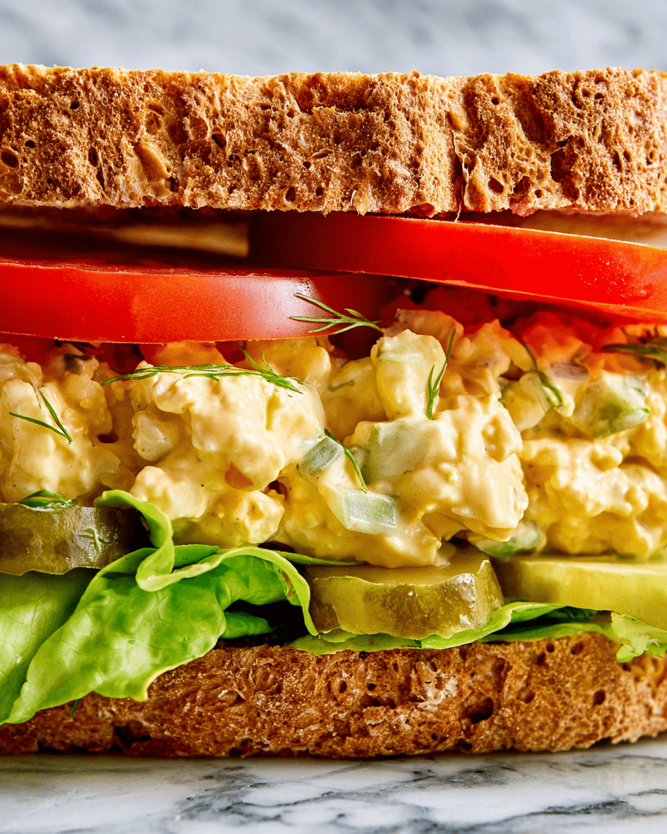 A close-up view of a sandwich shows four main layers between a whole grain oat bun top. The bottom layer consists of light green, crinkled lettuce leaves, with a layer of sliced green pickles on the side. Above the lettuce, there is a thick layer of creamy, chunky egg salad mixed with bits of green celery and small dill leaves, pale yellow and white in color. On top of the egg salad are two slices of bright red tomato, smooth and juicy, sitting just below the textured oat bun top. The sandwich rests on a white marbled surface. photo taken with an iphone --ar 4:5 --v 7