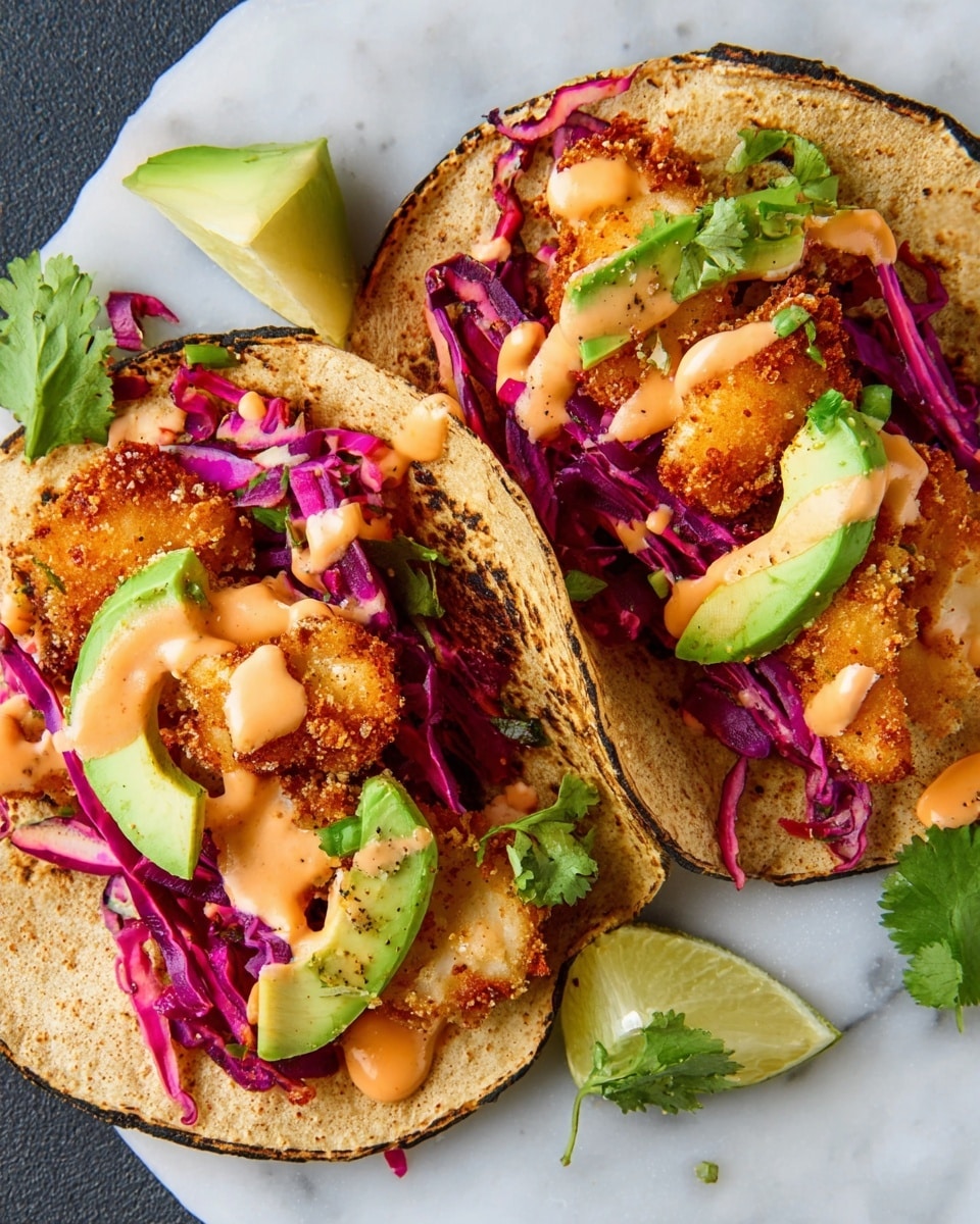 The image shows two crispy fish tacos laid open on a white marbled surface. Each taco has three main layers starting from the bottom with a soft, lightly charred corn tortilla, followed by golden brown, crispy fried fish pieces. On top of the fish are slices of fresh green avocado and bright purple shredded cabbage, giving a nice contrast in color and texture. The tacos are finished with a drizzle of creamy orange sauce and small green cilantro leaves scattered on and around them. Photo taken with an iphone --ar 4:5 --v 7