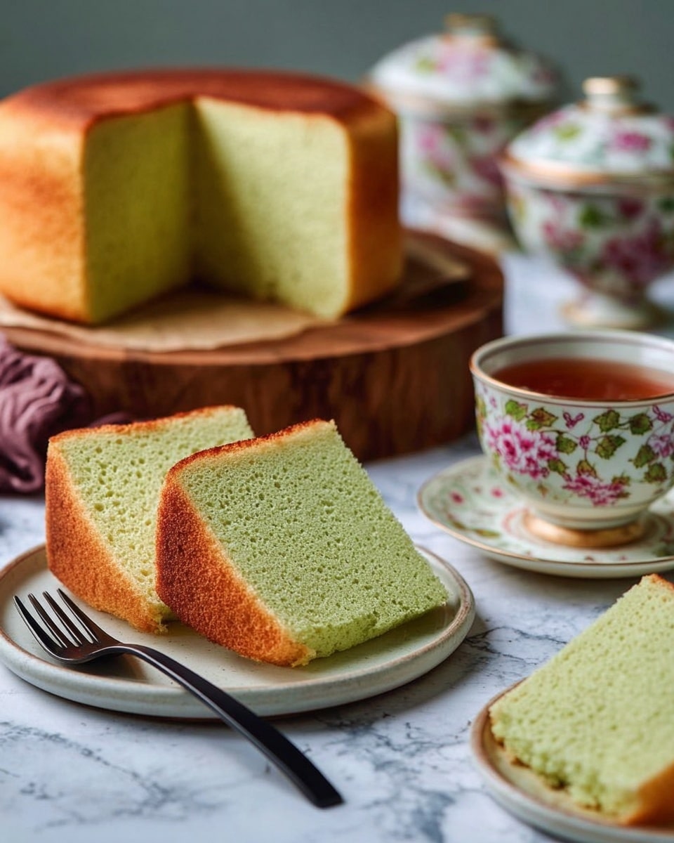 The image shows two slices of light green sponge cake with a soft, airy texture, sitting on a brown plate with a black fork beside them. Behind the plate is a round, whole sponge cake with a golden brown crust and the same light green inside, resting on a wooden board. To the right, there is a decorated white teacup filled with dark tea and a matching teapot with floral patterns in bright colors like pink, green, and yellow. The scene is set on a white marbled surface. Photo taken with an iphone --ar 4:5 --v 7