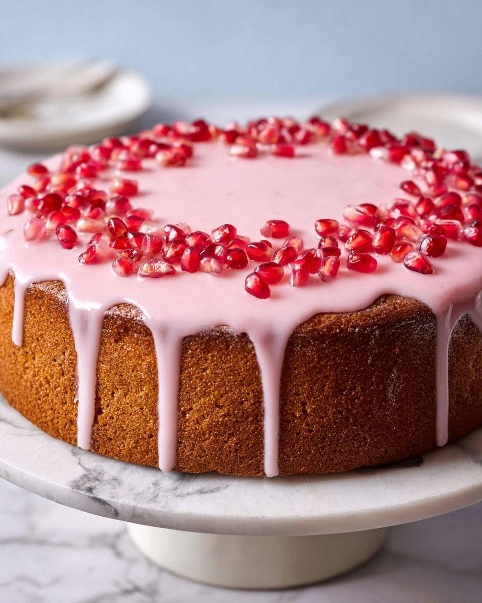 The image shows a single-layer round cake with a golden brown texture and slightly rough edges. On top, there is a smooth layer of light pink glaze that gently drips down the sides in uneven streams. Around the edge of the cake, there is a ring of bright red and translucent pomegranate seeds placed evenly, adding a pop of color. The cake sits on a white marble stand with a white marbled surface beneath it, and the background is softly blurred in light colors, highlighting the cake as the main focus. Photo taken with an iphone --ar 4:5 --v 7