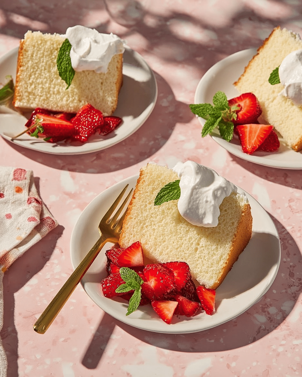 A tall, round sponge cake with a light golden brown, rough textured outer layer sits on a white plate. The top center of the cake is hollow and filled with a large dollop of smooth white whipped cream. On the front edge of the plate are two red strawberries with green leaves. In the blurred background, a white bowl filled with strawberries and a white plate with a golden spoon rest on a white marbled surface. The overall setting is softly lit with warm light and a pastel pink wall behind. Photo taken with an iphone --ar 4:5 --v 7