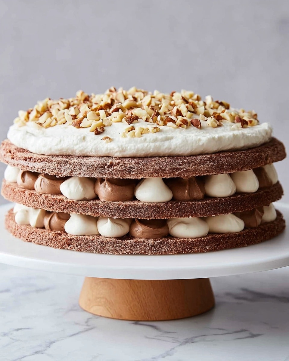 A three-layer cake sitting on a white cake stand with a wooden base, placed on a white marbled surface. Each layer is a thin, round, light brown cake with a slightly rough texture. Between the bottom and middle layers, there are alternating dollops of light brown chocolate cream and smooth off-white cream, evenly spaced and visible from the side. The same cream pattern is repeated between the middle and top layers. The top layer is covered with a thick spread of fluffy white cream, topped with a generous sprinkle of chopped nuts in light brown and beige tones. The background is plain and light, giving full focus to the cake. photo taken with an iphone --ar 4:5 --v 7