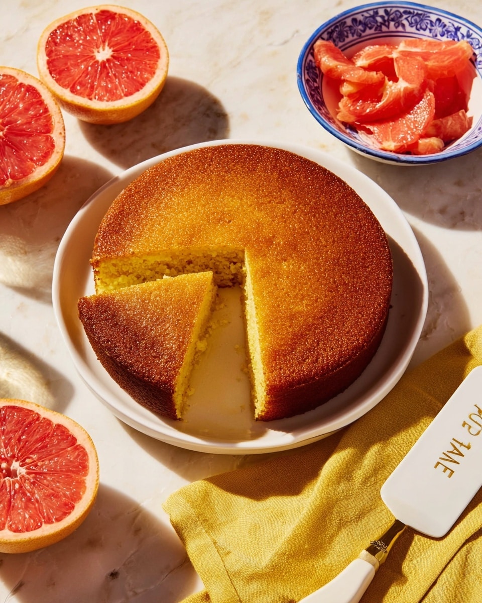 A round golden brown cake with a smooth, slightly shiny top is placed on a white plate on a white marbled surface. The cake has two triangular slices cut out, revealing a soft, moist yellow crumb inside. To the right of the plate is a white cake server with gold lettering that says 