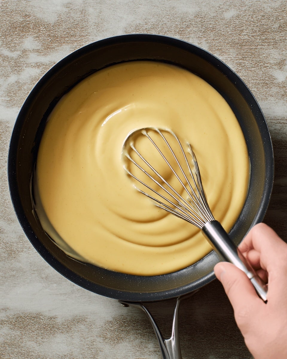 A close-up image shows a dark pan filled with smooth, light yellow creamy sauce with a glossy texture. A woman's hand on the right side holds a metal whisk stirring the sauce gently, and a black ladle sits in the middle, partially covered by the sauce, creating a round swirl pattern. The pan rests on a white marbled textured surface. Photo taken with an iphone --ar 4:5 --v 7