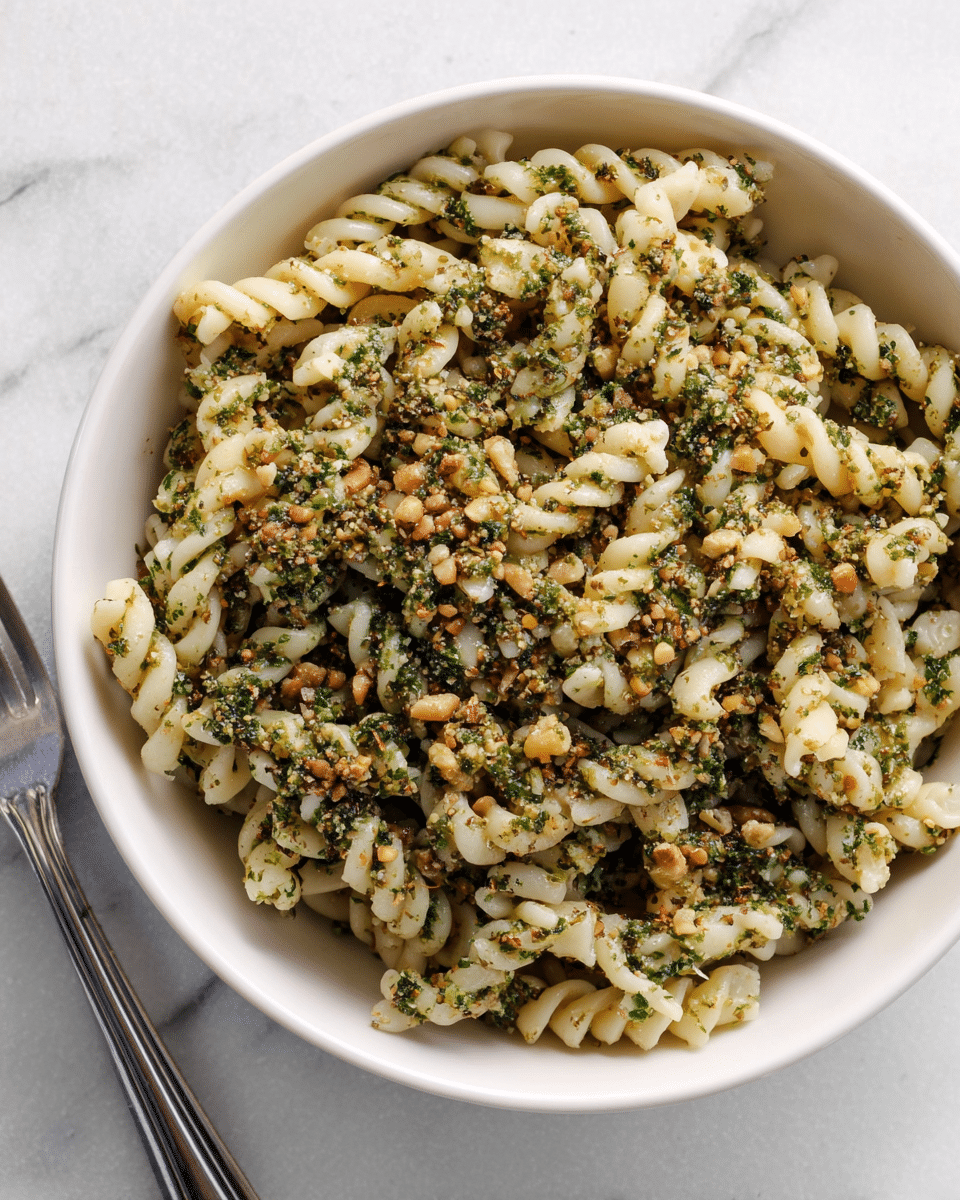 A white bowl filled with twisted pasta coated evenly in a mix of finely chopped green herbs and small bits of brown and pink ingredients, likely nuts and meat or tomato bits, sitting on a white marbled surface. The pasta appears tender and lightly glossy, with the herb mixture clinging well to each piece, creating a textured and colorful contrast against the pale pasta. To the right of the bowl, a silver fork rests on the surface, adding to the simple yet inviting presentation. Photo taken with an iphone --ar 4:5 --v 7