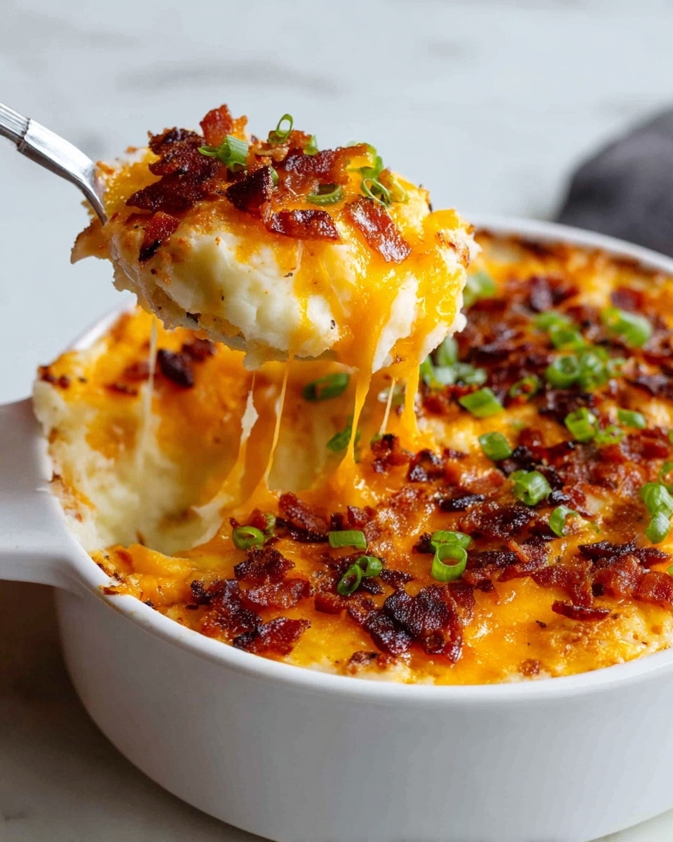 A white dish filled with a cheesy baked casserole is shown, with a shiny silver spoon lifting a scoop. The casserole has three visible layers: the bottom layer is creamy and light beige, the middle layer is white and smooth, and the top layer is golden-brown melted cheese mixed with small, crispy pieces of bacon and sprinkled with bright green chopped scallions. The cheese stretches in long strands from the dish to the spoon, highlighting its gooey texture. The background is a white marbled surface. Photo taken with an iphone --ar 4:5 --v 7