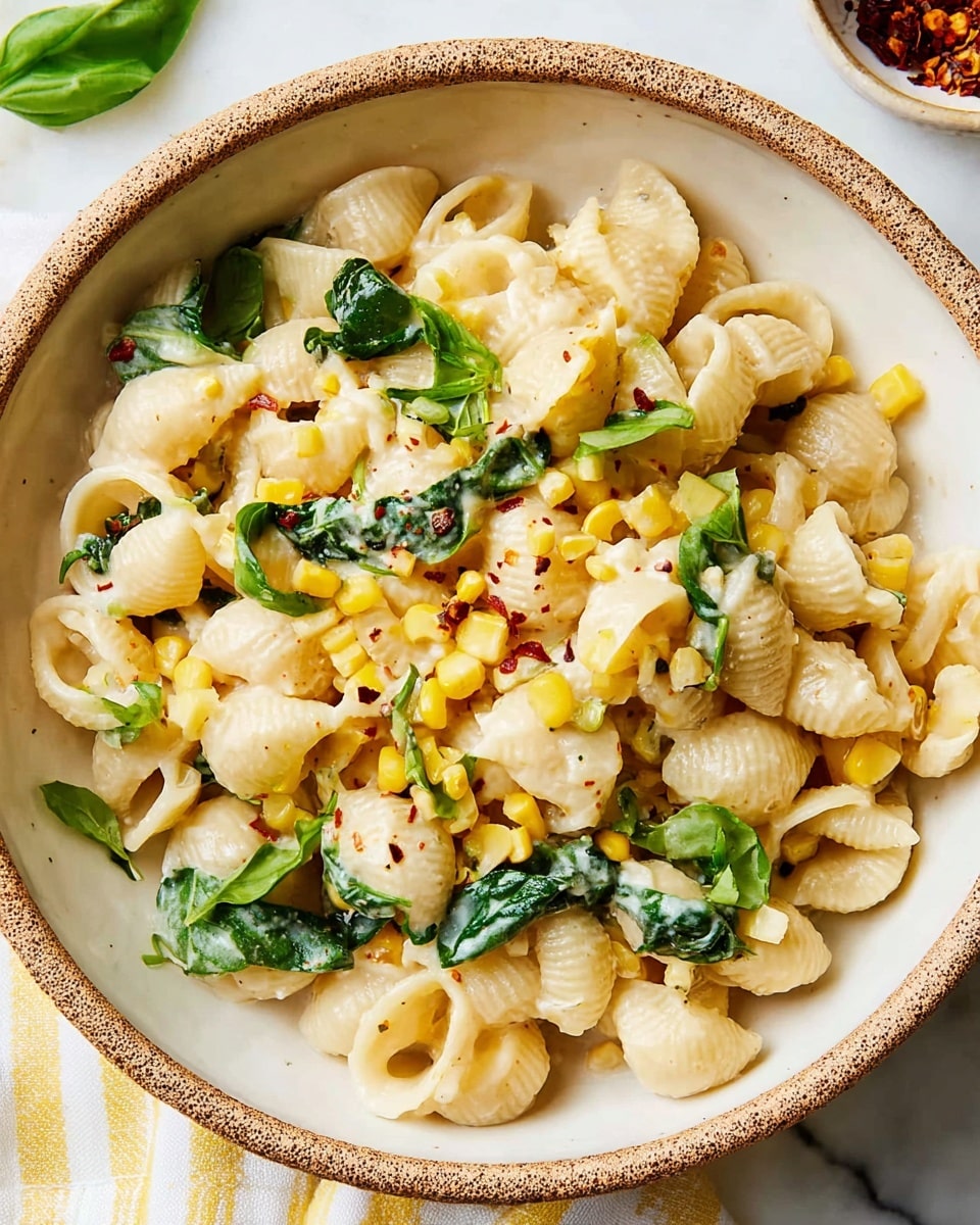 A bowl of creamy pasta with small shell-shaped noodles coated in a light off-white sauce, mixed with yellow corn kernels. There are dark green fresh basil leaves scattered on top, adding color contrast to the pale pasta. Some red chili flakes are sprinkled lightly, giving small pops of red. The dish is served in a round white bowl with a textured brown rim. The background is a white marbled surface with a white and yellow striped cloth partially visible. Photo taken with an iphone --ar 4:5 --v 7