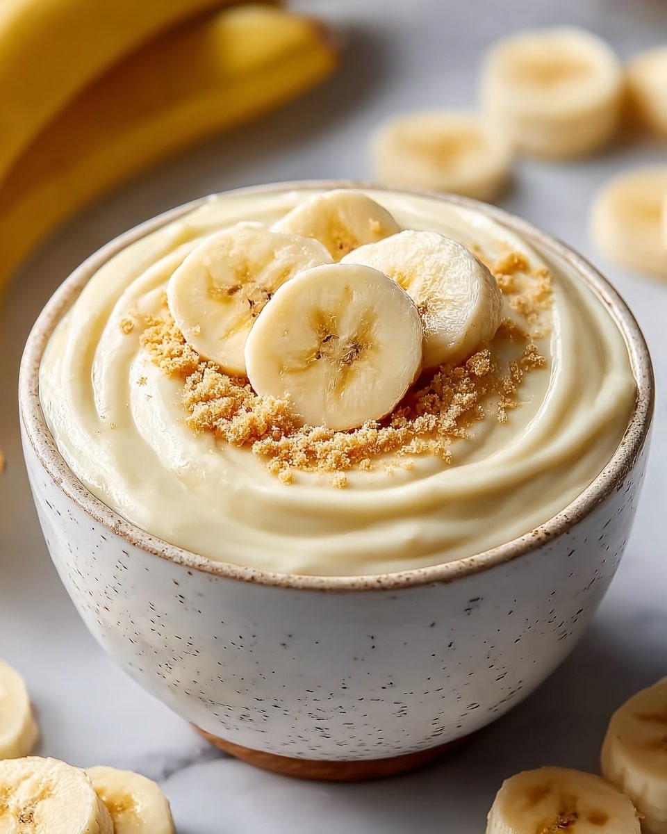 A white speckled bowl filled with smooth, creamy off-white banana pudding that is swirled to create a soft, thick texture. On top, there is a light brown crumb layer sprinkled evenly, and in the center, three pale yellow banana slices are arranged overlapping, showing a slightly glossy, fresh surface. The bowl sits on a white marbled surface with blurred bananas and other banana slices in the background. photo taken with an iphone --ar 4:5 --v 7