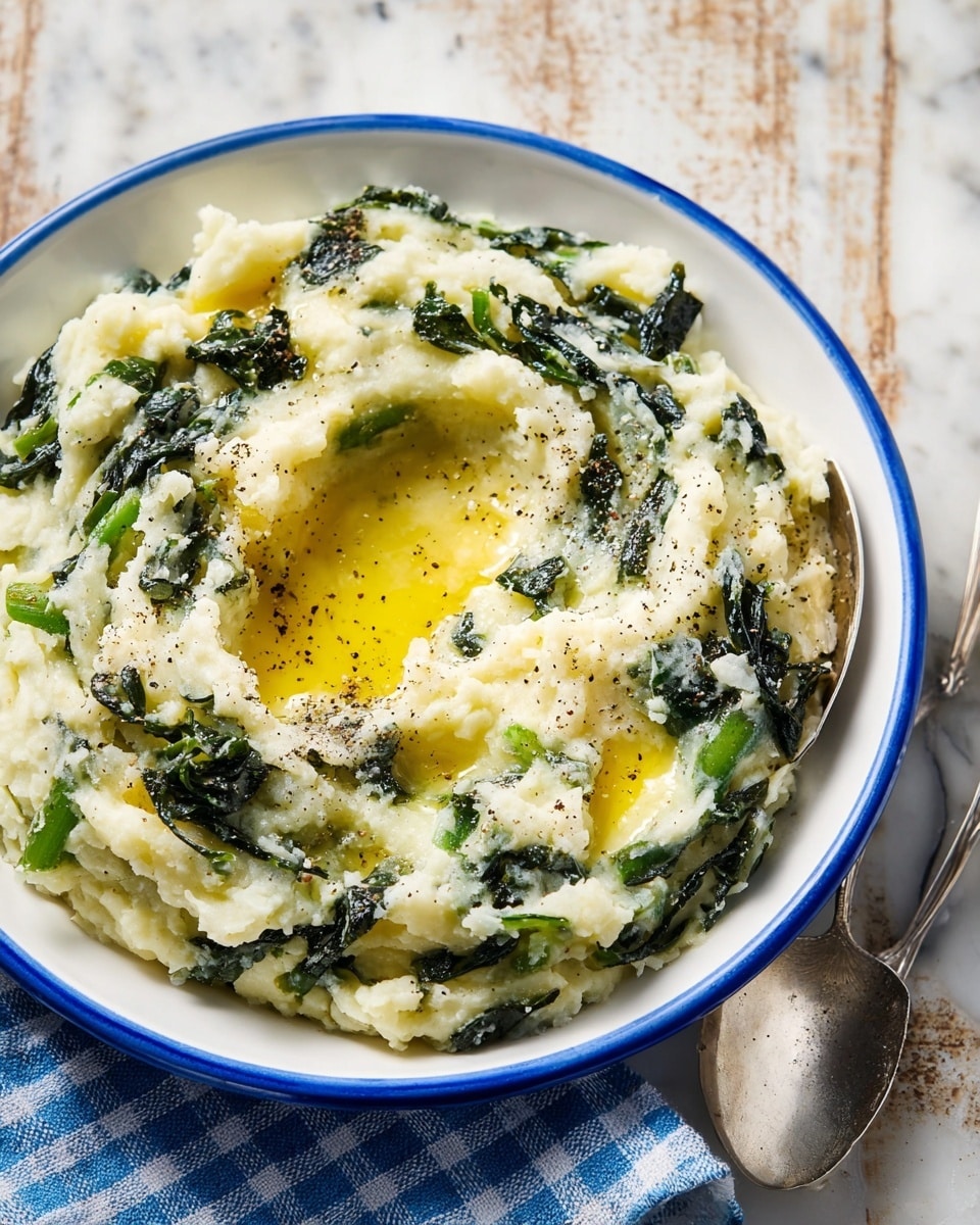 A white plate with a blue rim holds a creamy mashed potato dish mixed with dark green leafy vegetables and chopped green stems. The mashed potatoes are pale yellow in color with a soft, slightly chunky texture. In the center, melted golden butter pools, sprinkled with black pepper. A silver spoon rests on the right edge of the plate, partly sunk into the mash. The plate sits on a blue and white cloth on a white marbled surface. photo taken with an iphone --ar 4:5 --v 7