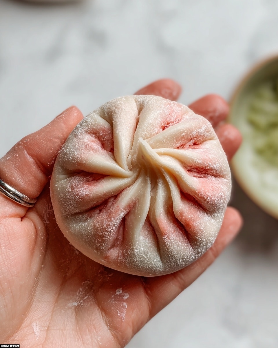 A white bowl with a smooth, light green sauce filling the base, sprinkled with small black seeds on top. Sitting in the middle of the sauce is a single round, pink dumpling with soft folds and a slightly shiny, moist texture. A woman's hand with silver rings and blue stones gently holds the dumpling from above, against a white marbled surface background. Photo taken with an iphone --ar 4:5 --v 7