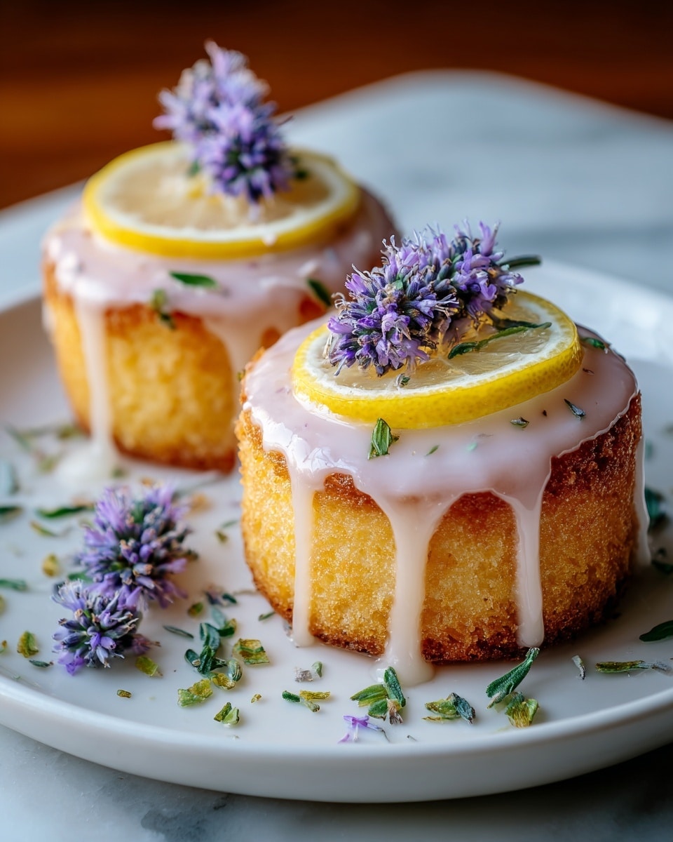 Two small bundt cakes sit side by side on a white plate with a light gray center, each cake having a rich golden-brown crust with a slightly rough texture. A thick, white glaze runs slowly down the sides of both cakes, pooling at the bottom. On top of each cake, there are small lemon wedges and sprigs of fresh rosemary, adding a pop of yellow and green. Small, delicate purple lavender flowers are scattered over the cakes and on the plate, complementing the fresh sprigs. In the background, blurred whole yellow lemons and bunches of purple lavender flowers add soft color accents against a white marbled texture. Photo taken with an iphone --ar 4:5 --v 7