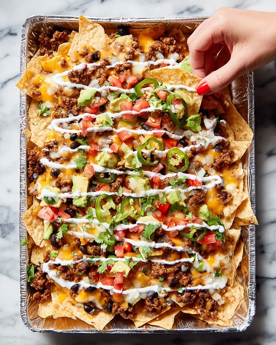 A large foil-lined tray holds several layers of crispy tan-colored tortilla chips topped with melted golden-yellow cheese. Scattered on top are browned ground meat clusters, small black beans, and slices of green jalapeño peppers. Fresh green cilantro leaves, diced red tomatoes, and chunks of light green avocado add bright color. White sour cream is drizzled in diagonal lines across the entire dish. A woman's hand with red-painted nails is lifting a chip from the lower left corner. The tray is set on a white marbled surface. photo taken with an iphone --ar 4:5 --v 7