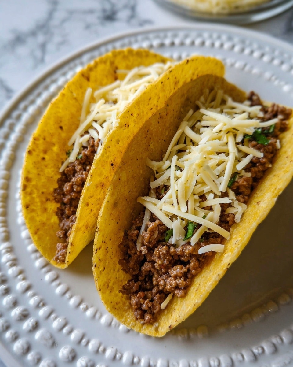 Two tacos sit side by side on a white plate with a decorative edge, placed on a white marbled surface. Each taco has a yellow crispy shell filled with a layer of brown cooked ground beef, topped with a small amount of thin, white shredded cheese scattered on top. The focus is on the tacos from a slightly angled top view. Photo taken with an iphone --ar 4:5 --v 7