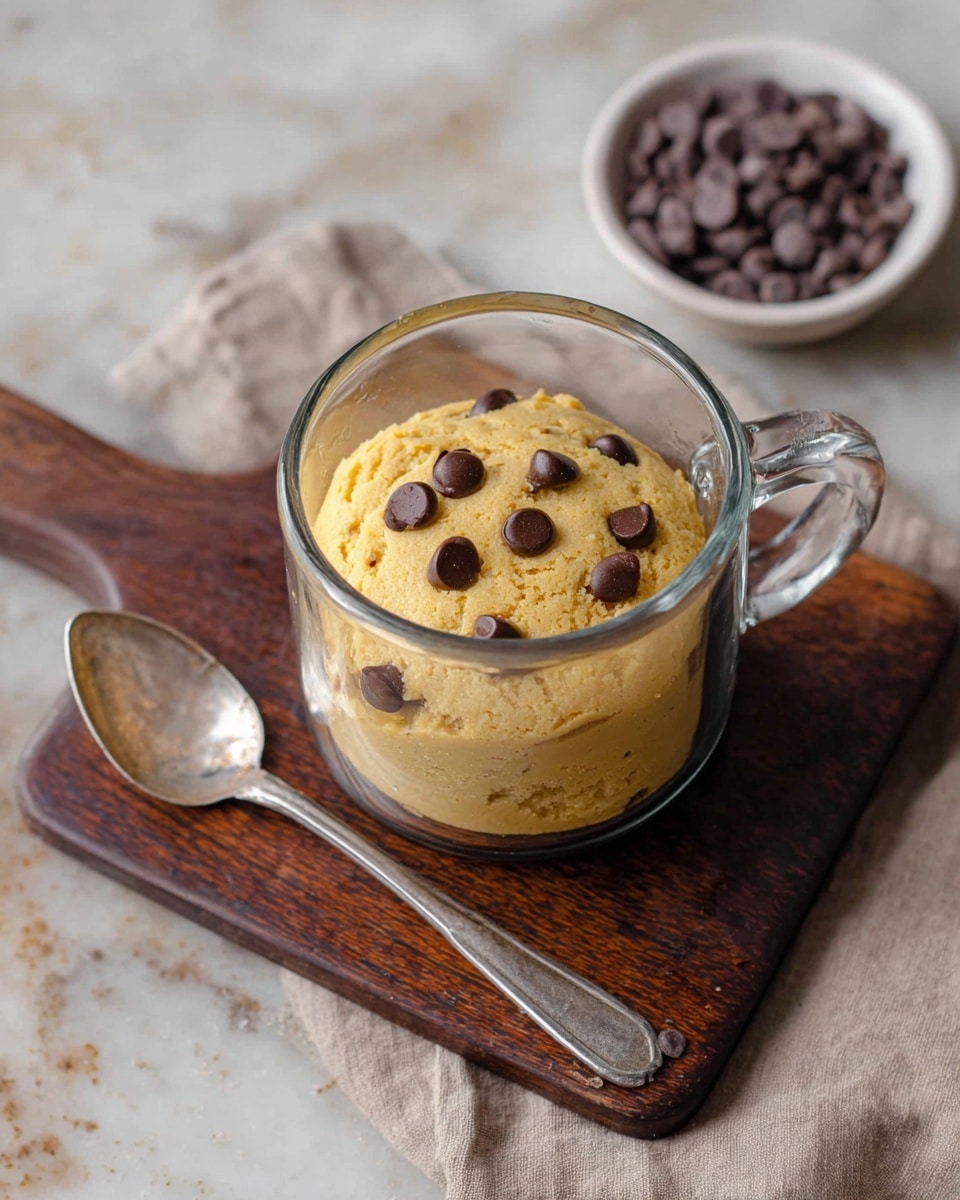 A clear glass mug holds a single thick, yellow, soft cookie layer with five shiny dark brown chocolate chips visible on top. The mug is placed on a dark wooden board, next to a dull silver spoon. In the background, a small white bowl filled with more dark chocolate chips sits on a light beige cloth, all set on a white marbled textured surface. photo taken with an iphone --ar 4:5 --v 7