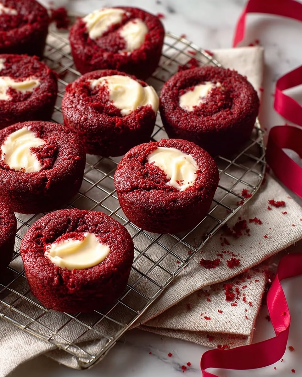 The image shows a cooling rack filled with about a dozen freshly baked red velvet mini cakes, each with a rough textured deep red surface and a creamy off-white cream cheese filling peeking through cracks on top. The cakes are arranged close together on the rack, which rests on a beige linen cloth with some scattered red crumbs and a loose red ribbon on the side, all set on a white marbled surface. The cakes have a moist look with uneven patches of cream cheese giving each a unique pattern, making the scene look warm and homey. photo taken with an iphone --ar 4:5 --v 7
