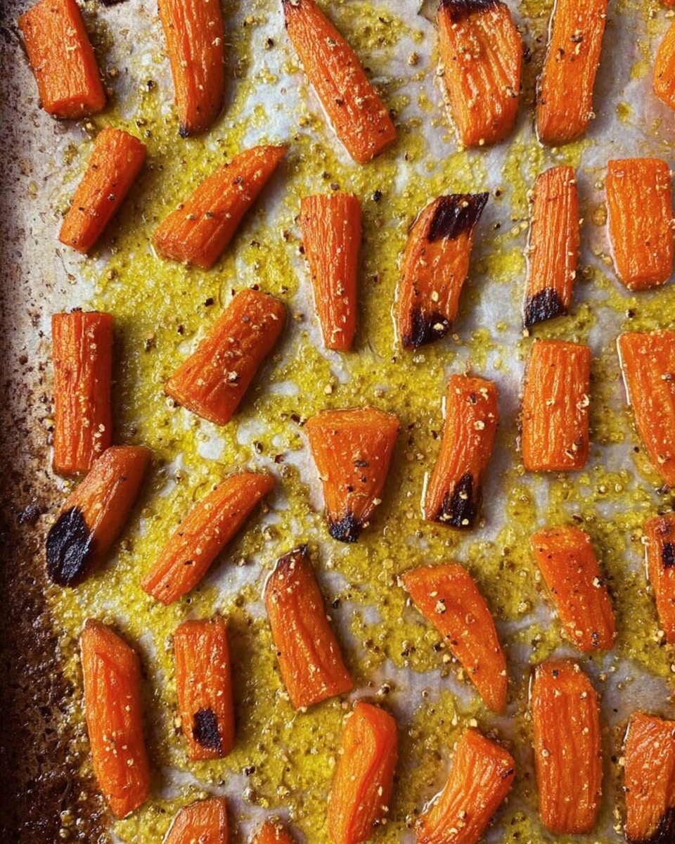 The image shows small pieces of roasted carrots evenly spread on a baking sheet with a slightly browned and crispy surface. The carrot pieces are bright orange with some dark caramelized edges, and they lie on a thin layer of yellow oil or seasoning that creates a glossy texture around them. The baking sheet has a worn, mottled surface that contrasts with the vibrant carrots. The pieces are arranged in neat rows across the sheet. photo taken with an iphone --ar 4:5 --v 7