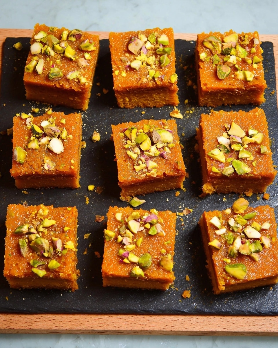 The image shows ten square pieces of a bright orange dessert arranged in two rows on a dark slate board with a wooden border at the edges. Each piece is about two layers thick, with a dense, moist texture in the orange base. The top layer is decorated with small chopped pistachio nuts scattered unevenly, adding green, yellow, and light brown colors with a slightly rough texture. The slate board is placed on a white marbled surface. photo taken with an iphone --ar 4:5 --v 7