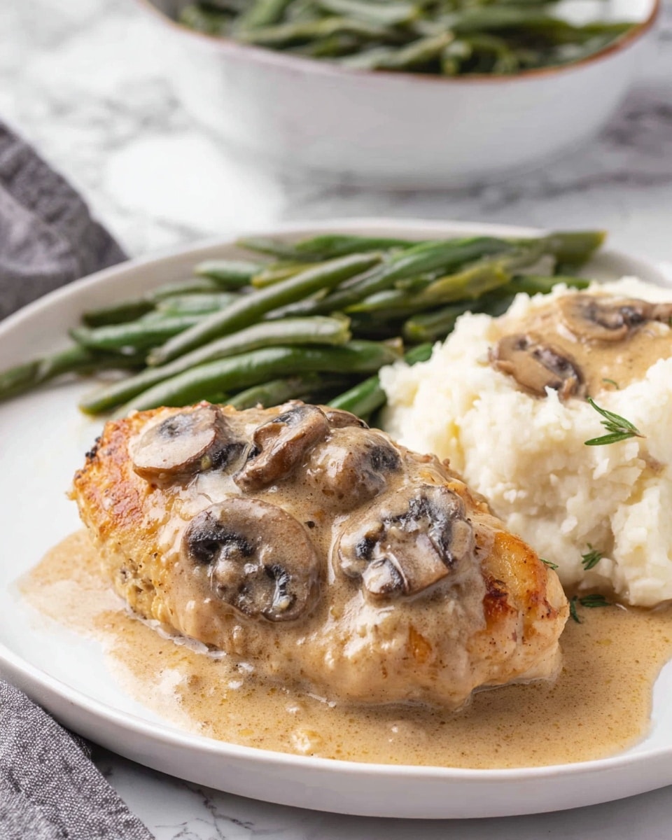 A close-up image shows creamy brown sauce being poured from a white gravy boat over a dish with three grilled chicken breasts. The chicken is topped with sautéed mushroom slices that are dark brown with a slightly shiny texture. The sauce is thick and smooth, covering the chicken and mushrooms unevenly, mixing light and darker beige tones with small herb flecks. The dish is set on a white rectangular plate, placed on a white marbled surface. In the blurry background, there is a white bowl with mashed potatoes. Photo taken with an iphone --ar 4:5 --v 7