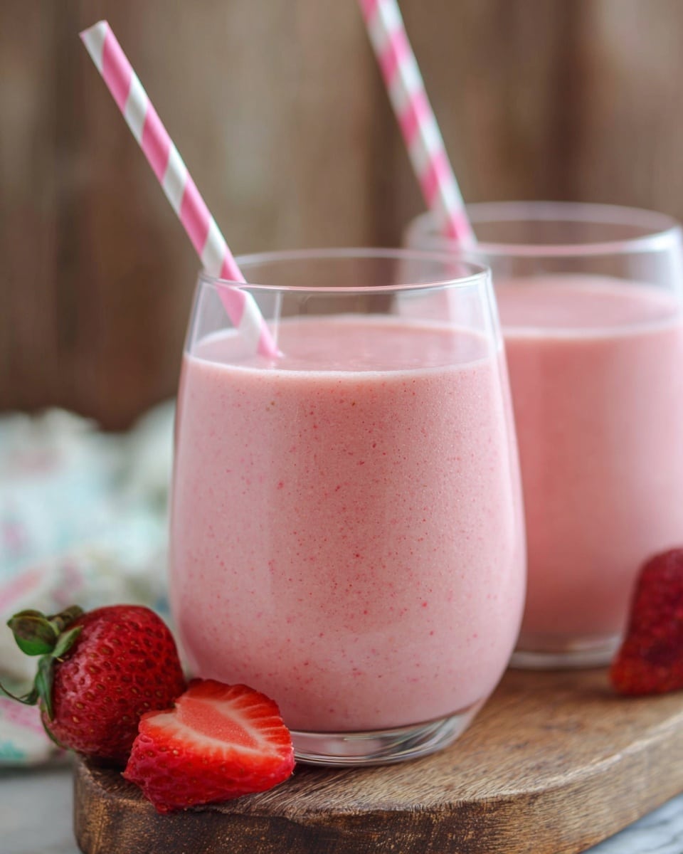 Two clear glasses filled with smooth, light pink strawberry smoothie sit on a white marbled texture surface. Each glass has a pink and white striped paper straw inserted. One glass is in front, showing the even creamy texture of the smoothie with tiny red specks, while the second glass is softly blurred in the background. On the wooden board beneath, there are bright red strawberry halves placed near the front glass, adding a fresh look with their juicy texture and green leaf tips visible. The soft natural lighting enhances the colors and creamy feel of the smoothie photo taken with an iphone --ar 4:5 --v 7