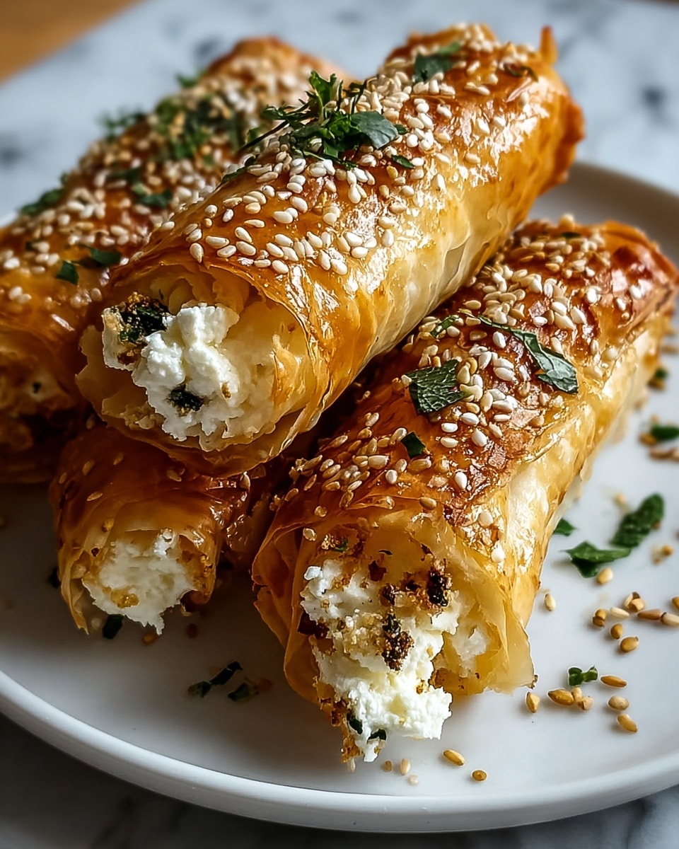 Three golden-brown rolled pastries filled with soft white cheese are stacked on a white plate. The pastry is thin and crispy with a glossy, flaky top layer sprinkled with white sesame seeds and bits of chopped green herbs. The cheese filling is visible at the open ends, showing a crumbly texture mixed with small green and black seasoning bits. Some extra sesame seeds and herbs are scattered on the plate, all set on a white marbled surface. photo taken with an iphone --ar 4:5 --v 7