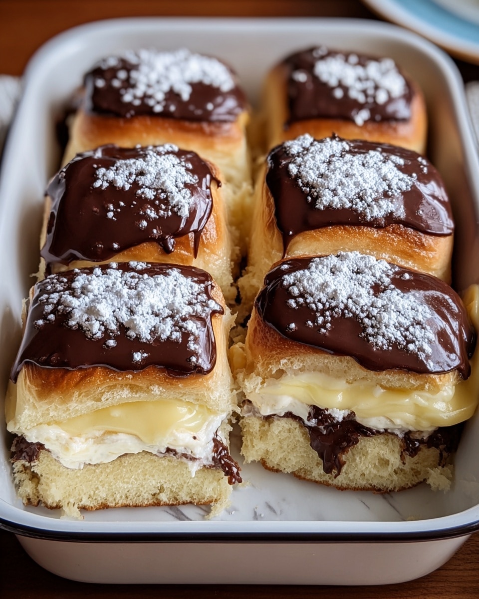 The image shows six soft, square cream-filled buns in a white baking dish. Each bun has a shiny, dark chocolate layer on top, with some sprinkled white powdered sugar. The buns are light golden brown, fluffy, and split open slightly on the sides to reveal a thick, creamy white filling underneath with some dark spots that may be raisins or chocolate. The dish is placed on a wood surface, but the background is changed to a white marbled texture. photo taken with an iphone --ar 4:5 --v 7