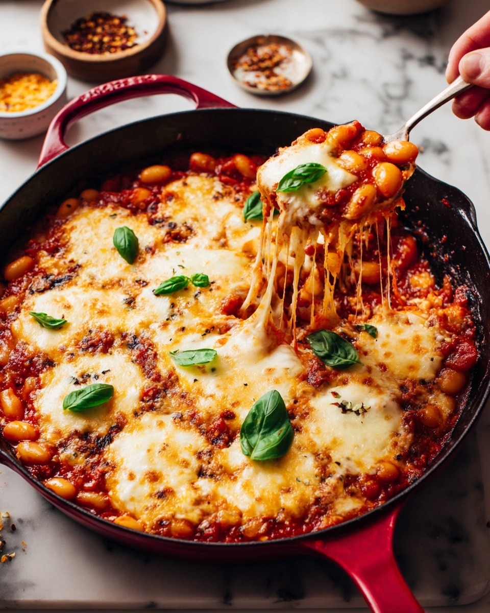A white plate filled with a thick layer of red tomato sauce and white baked beans covering the bottom. On top of the beans and sauce, there is a melted layer of creamy white cheese with some red pepper flakes sprinkled evenly. A slice of toasted bread with a crispy golden-brown crust is lifted by a woman's hand from the plate, showing gooey melted cheese stretching from the bread to the plate. A fresh green basil leaf sits on top of the melted cheese on the bread. The background is a white marbled texture. Photo taken with an iphone --ar 4:5 --v 7
