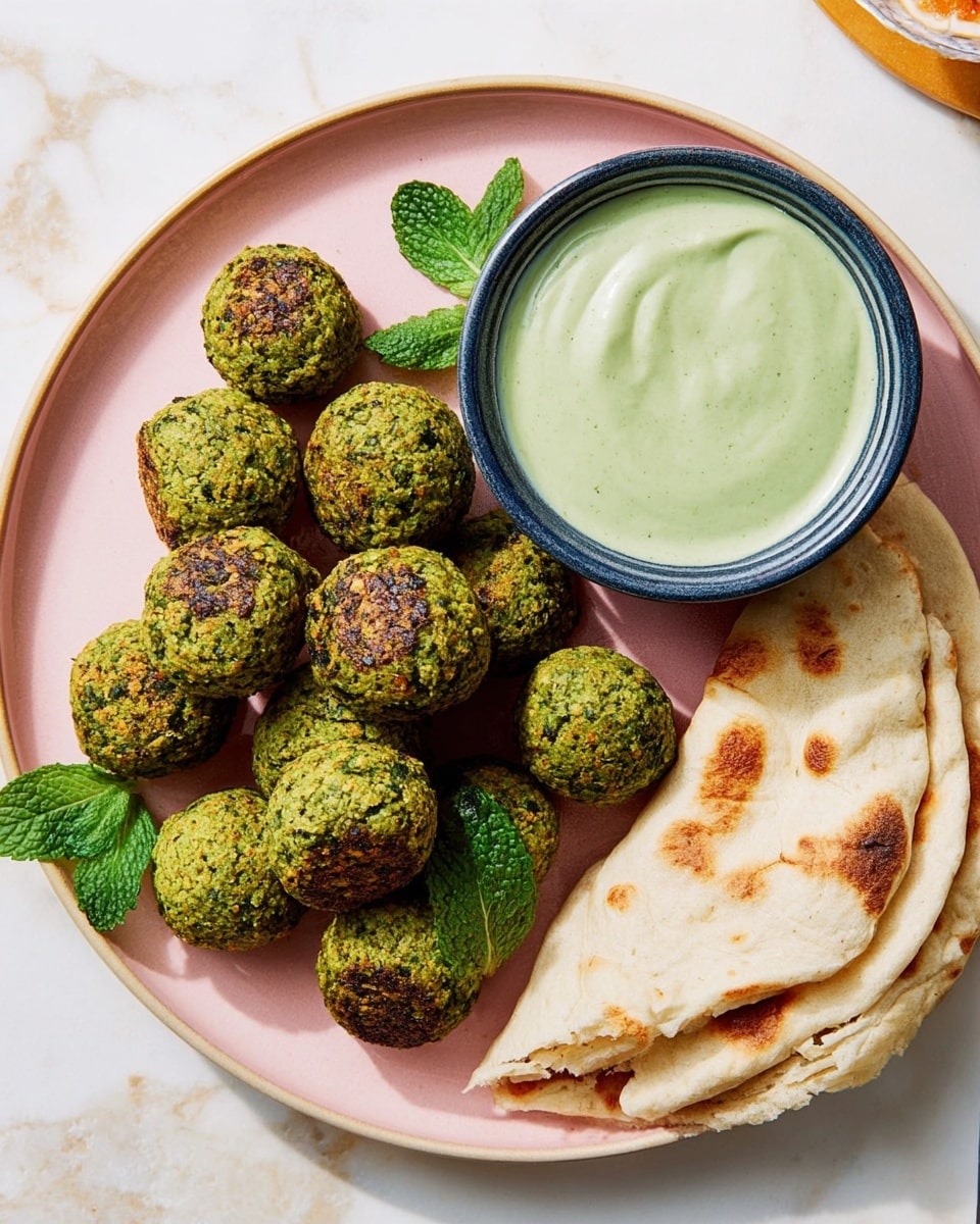 The image shows a round white plate with a pink tint, filled with several small round green falafel balls that have a rough texture and some darker browned spots on top. On the top right side of the plate is a small bowl with a dark blue rim, filled with a smooth, light green creamy sauce. Next to the bowl and falafel, on the bottom right, is a folded piece of soft, white flatbread with some brown toasted spots. There are a few fresh green mint leaves scattered around the plate for decoration. The plate sits on a white marbled surface. photo taken with an iphone --ar 4:5 --v 7