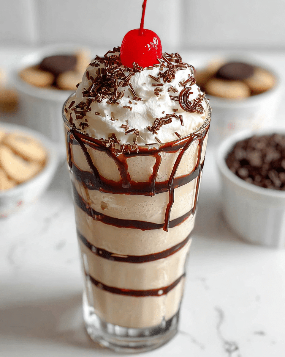 A tall clear glass filled with a creamy light brown milkshake that has thin, irregular dark brown chocolate syrup stripes wrapping around the inside of the glass in about seven layers. The top layer is a generous swirl of white whipped cream with small chocolate shavings scattered on it, crowned by a shiny red cherry with a long stem standing upright in the center. The glass sits on a white marbled surface, with blurred items like a bowl of cherries and chocolate shavings in the background. photo taken with an iphone --ar 4:5 --v 7